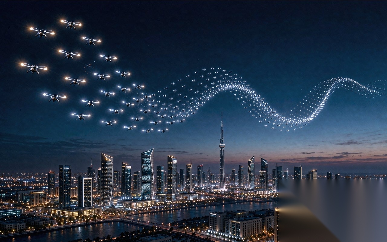 A choreographed drone-light-show formation over a city skyline